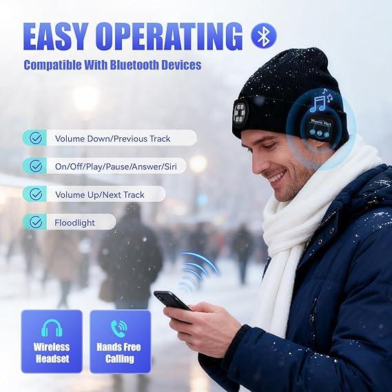 Bluetooth Beanie with a Light, Unisex USB Rechargeable 4 LED Fashlight Hat with Cordless Headphones, Unique Christmas Birthday Gifts for Men Him Husband Teen Black