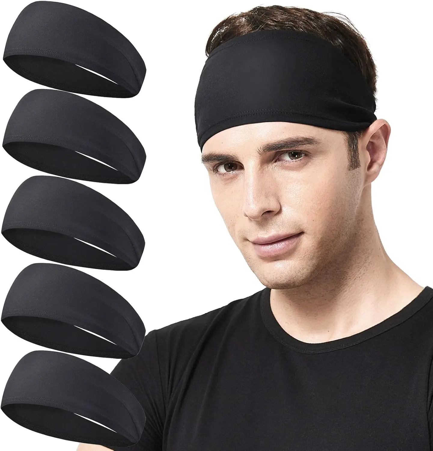 Men's 5-Pack Stretchy Sweat Wicking Training Headband, Unisex Sports Hairband for Running, Fitness Workout - Sweatband for Active Use, Sweat Wicking Headband, Headband Accessory