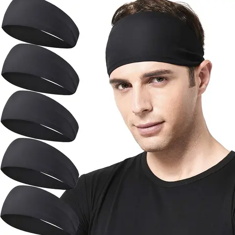 Men's 5-Pack Stretchy Polyester Soft Athletic Headbands - Sweat-Wicking, Quick-Dry, Easy-to-Clean, Durable, Special Absorbent Material, Fits Virtually Every Head Size for Running, Fitness, Biking (Headbands for Women)