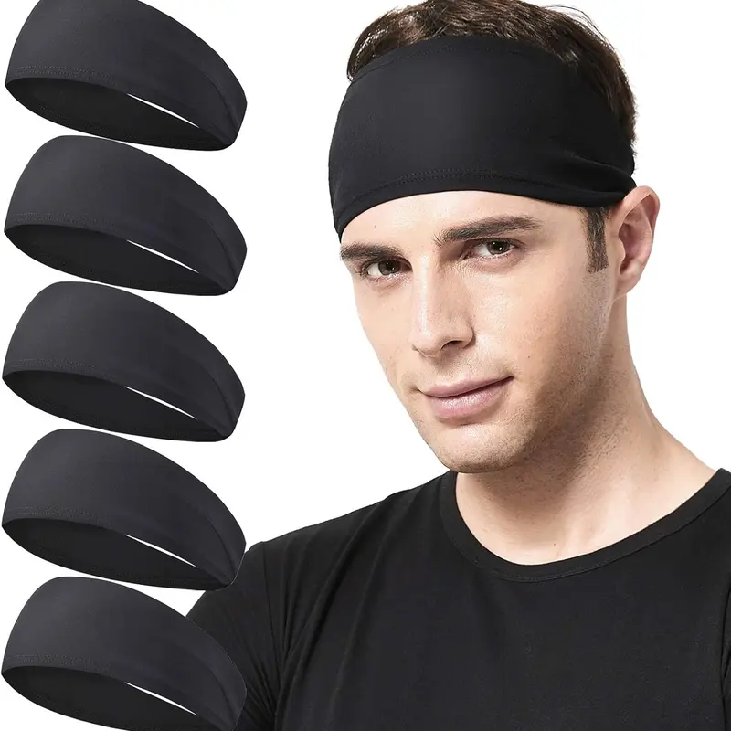 Men's 5-Pack Stretchy Polyester Soft Athletic Headbands - Sweat-Wicking, Quick-Dry, Easy-to-Clean, Durable, Special Absorbent Material, Fits Virtually Every Head Size for Running, Fitness, Biking (Headbands for Women)