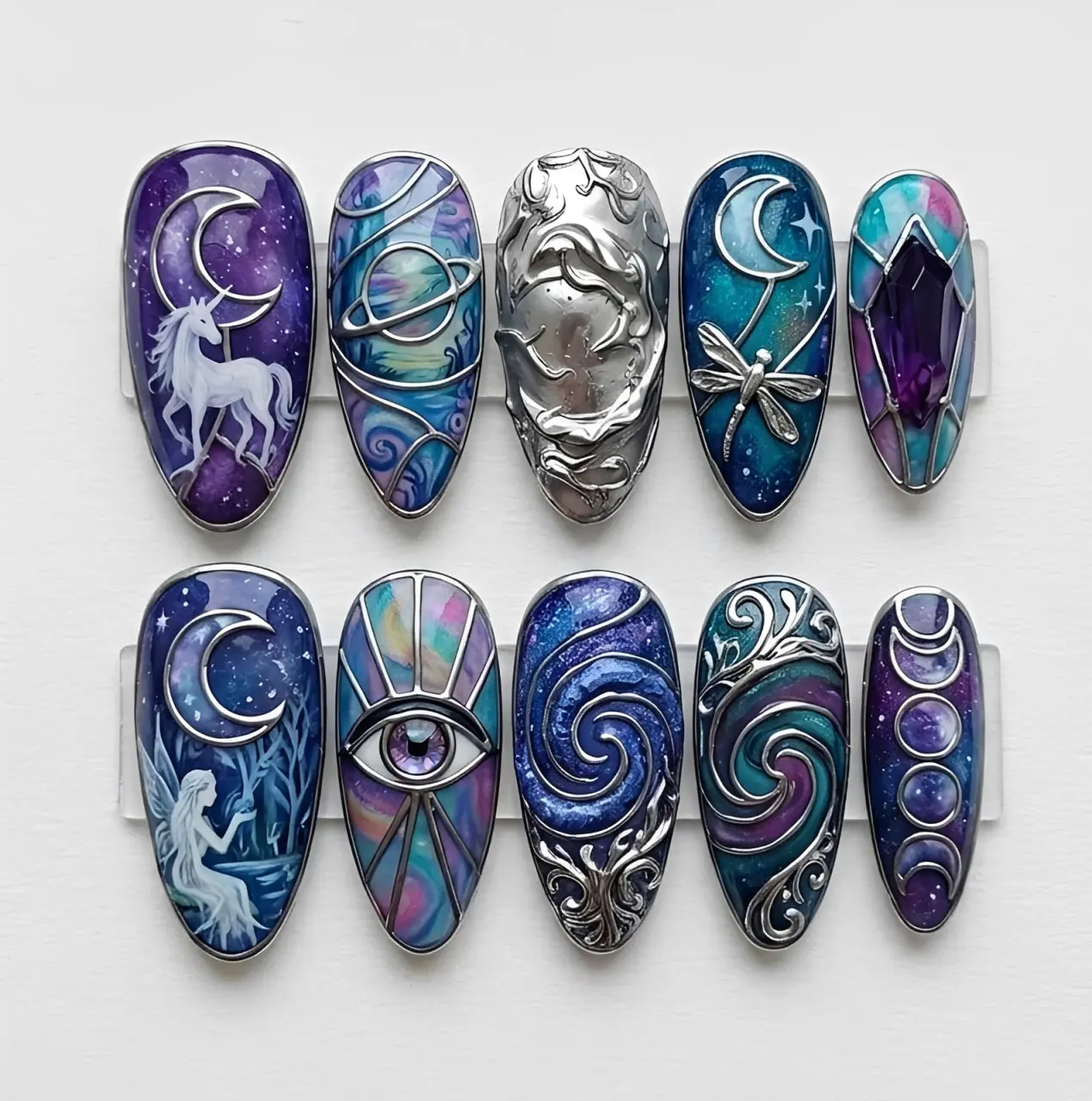 Celestial Galaxy Moon Unicorn Press On Nails | Mystic Crystal Mermaid Dragonfly Handmade Cosmic Almond Nail Set | Fantasy Witchcore Custom Nails