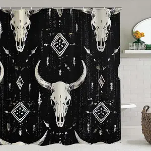 Western Cowboy Skull Bath Shower Curtain Set with Hooks Hanging, Shower Essentials, Includes Bathroom Mat, Toilet Lid Cover, U-Shaped Pad, Ideal Gift for Home Decor, Bathroom Decoration Accessories