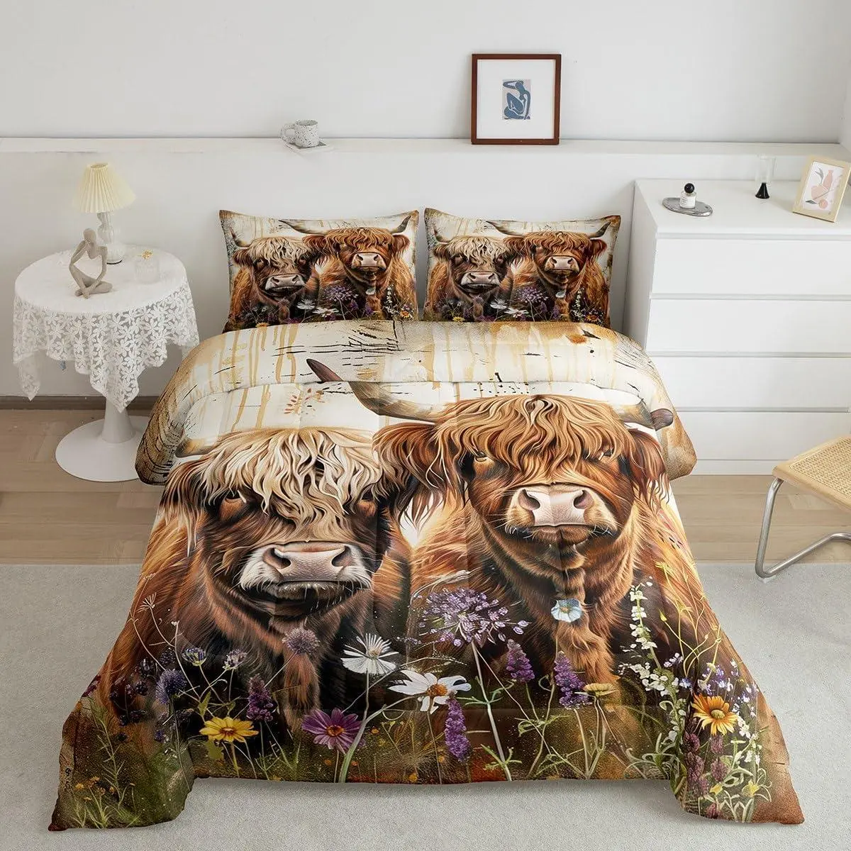 Highland Cow Comforter Set Highland Cattle Bedding Set Adults,Animal Duvet Quilt Breathable Soft Lightweight Room Decor