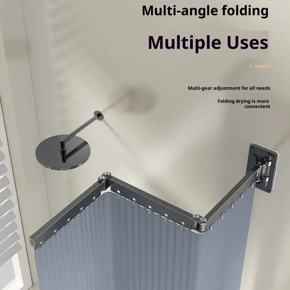 Waterproof U-Type Aluminium Flush Mount Shower Window Curtain with Adjustable Nail-Mounted Rod, Thick Polyester Patchwork Fabric, Invisible Folding Design for Bathroom Dry-Wet Separation Partition