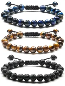 Beaded Bracelets for Men 8MM Lava Rock Stone Tiger Eye Bracelet Adjustable Natural Stone Bracelets Handmade Bead Bracelets Mens Bracelets Set Mens Jewellery Gift for Men