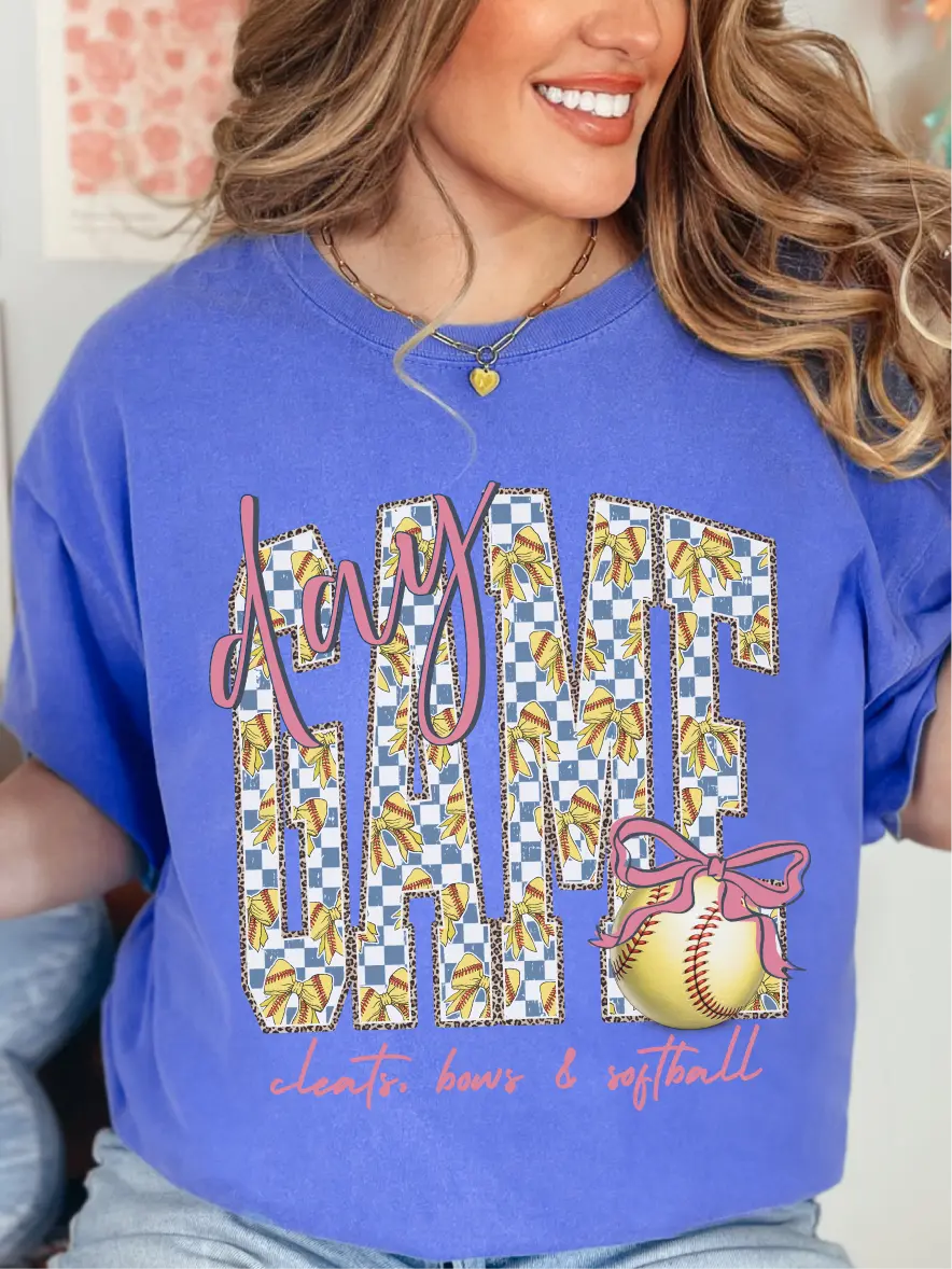 Cleats, Bows and Softball ~ Unisex Short Sleeve CC Garment Dyed T-Shirt Printed in the USA