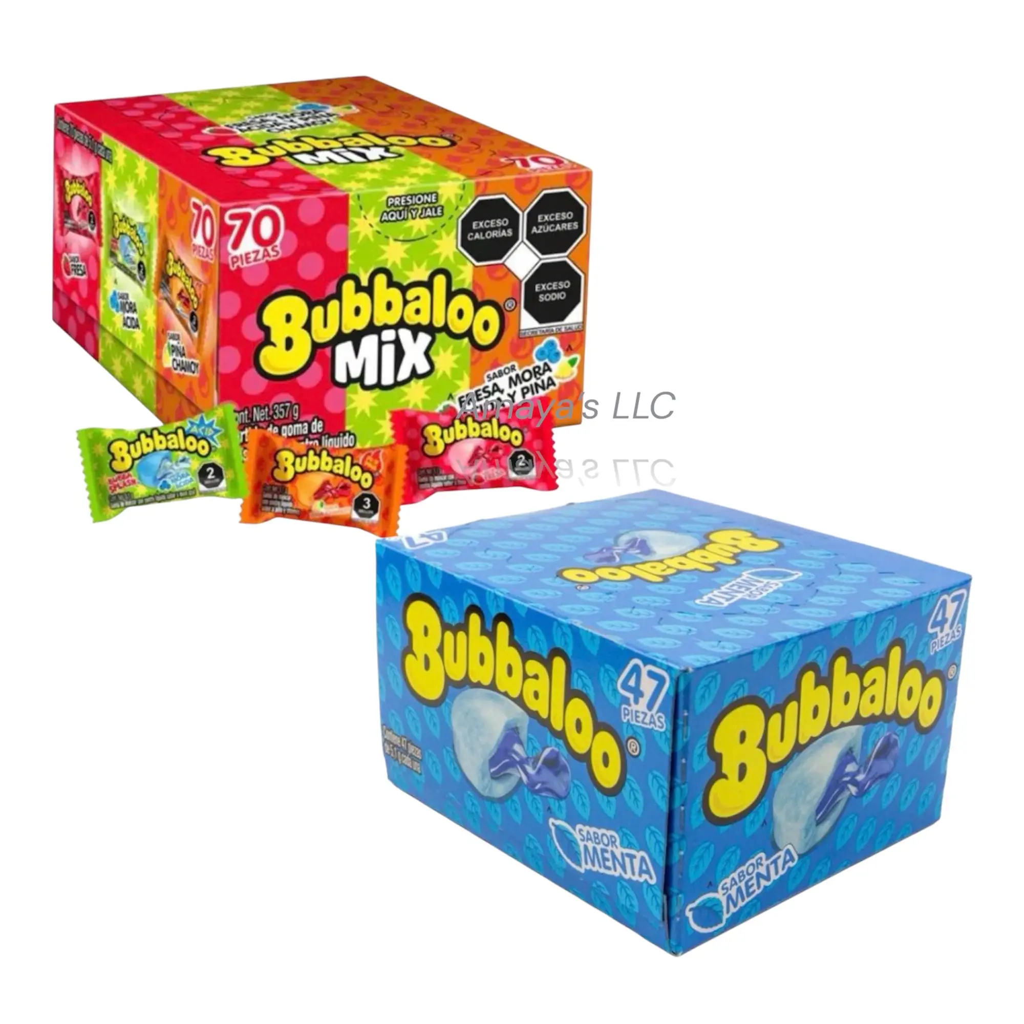 Bubbaloo Mix 3-Flavor (70 Pieces)  and Bubbaloo MENTA (47- Pieces) Chewing Bubble  Liquid-Filled Center Bubble Gum, Mexican Candy, Dulces Mexicanos, Flavors Fresa, Mora Acidia, and Pineapple Chamoy