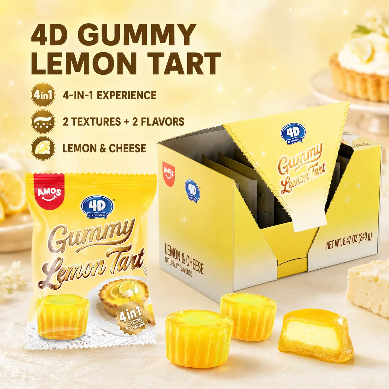 AMOS 4D Gummy Lemon Tart, 8.47 oz (240 g) Display Box | 4-in-1 Candy with 2 Textures & 2 Flavors | Lemon & Cheese, Individually Wrapped Pouches for Sharing