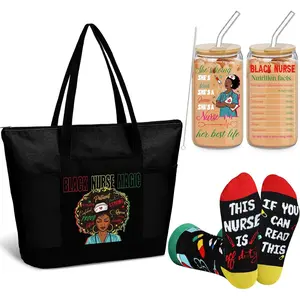 Sanwuta 3pcs Black Nurse Gifts Set for Women Week Nurse Day 2026 RN NP LPN Graduation, Includes Large Capacity Tote Bag 16oz Glass Cups and Socks, African Female Nurses Appreciation Accessories