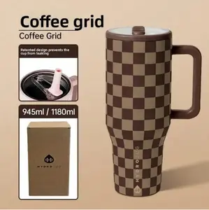 This "Hydrojug" checkered insulated cup features a brown and yellow check pattern. It is a double-layered stainless steel flip-top insulated cup with a capacity of 40 ounces and is made of high-quality stainless steel.