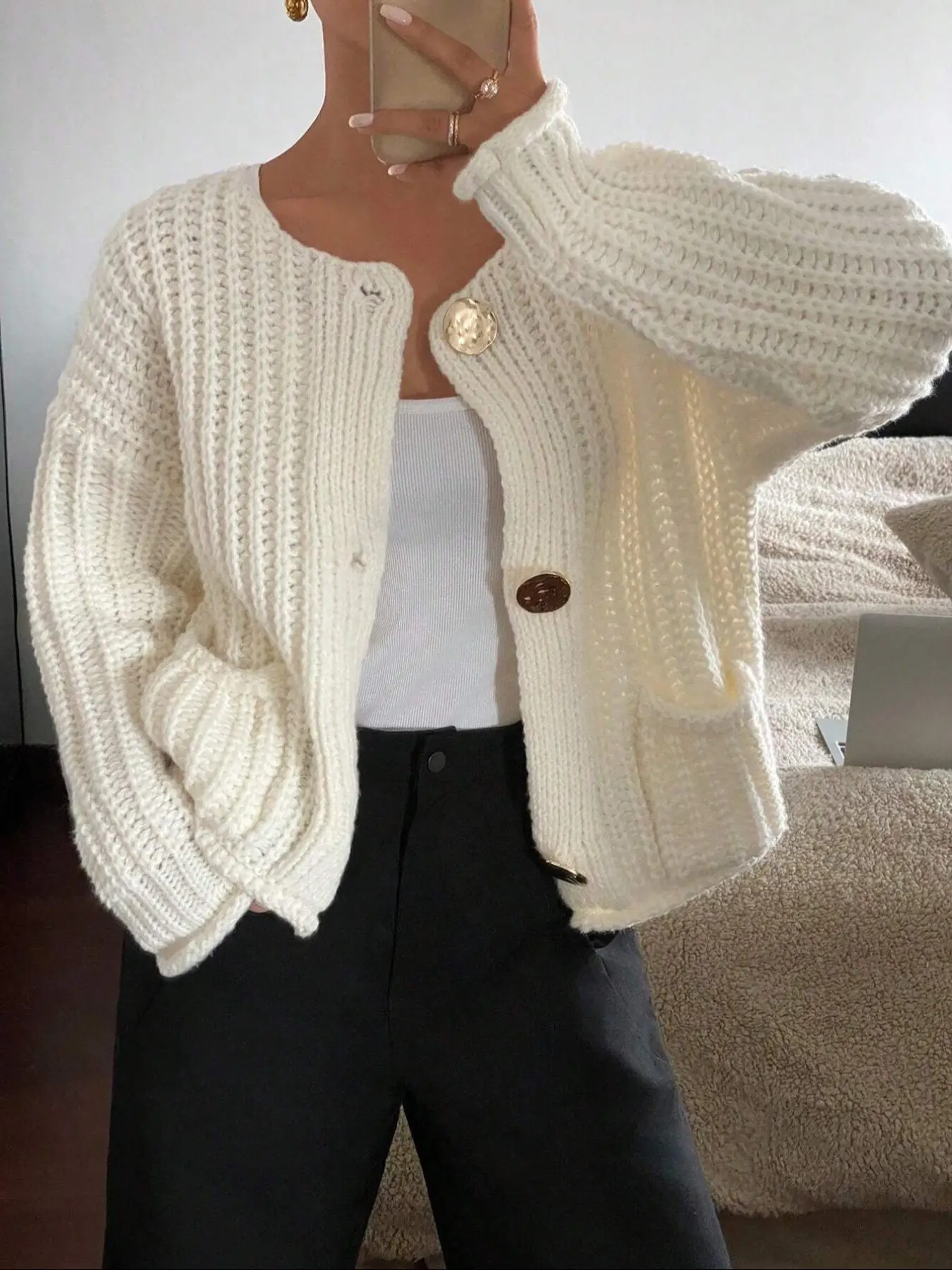Women's Solid Color Cardigan, Casual Long Sleeve Button Front Knitwear for Fall & Winter, Fashion Women's Knit Clothing for Daily Wear, Tops, Basic Clothe, Knitting, Womenswear