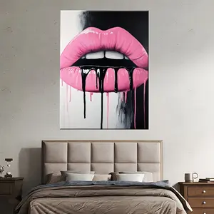 2D Flat, 1pc Modern Art Deco Pink Lips Wall Art - Bold Pink & Black Dripping Lip Gloss Design on Wrapped Canvas Frame, High-Quality Vibrant Print for Living Room, Bedroom, Bathroom Decor, Lips Wall Decor, Bedroom Decoration, Home Decor, Contemporary Decor