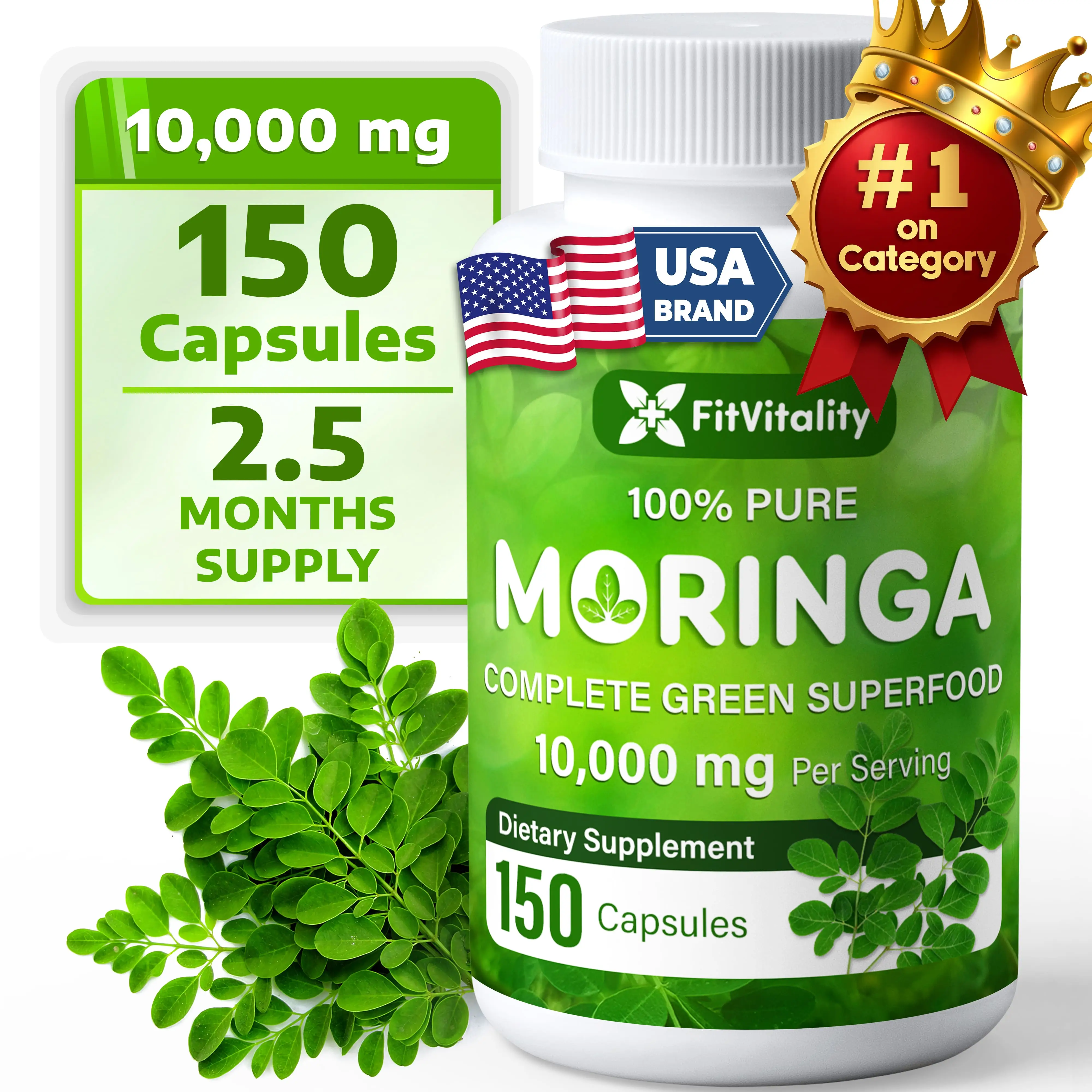 Moringa Capsules| 150 Capsules| Moringa Oleifera| 10,000mg| 100% Pure & Natural| Non-GMO and Gluten Free Supplement | Complete Green Superfood | Morin