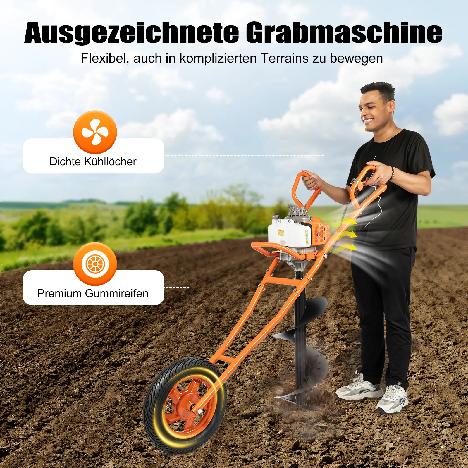 63CC 2-Stroke Gas-Powered Portable Heavy Duty Metal Post Hole Digger Tool, Wheel-Equipped Earth Auger Borer Ground Drill for Agriculture, Construction Sites