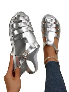 Woven Buckle Flat Roman Sandals, Soft Sole Anti-Slip Comfortable, Silver Color &, Perfect for Students & Commuters