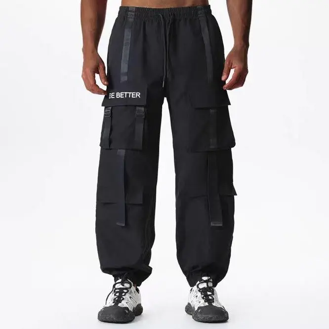 Men’s cargo jogger pants with straps, elastic waistband, drawstring, letter print, multiple pockets—techwear streetwear tactical trousers