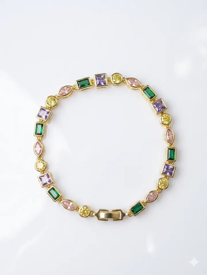 Luxury Gold-Tone Multicolor Gemstone Tennis Bracelet – Elegant Statement Jewelry for Women