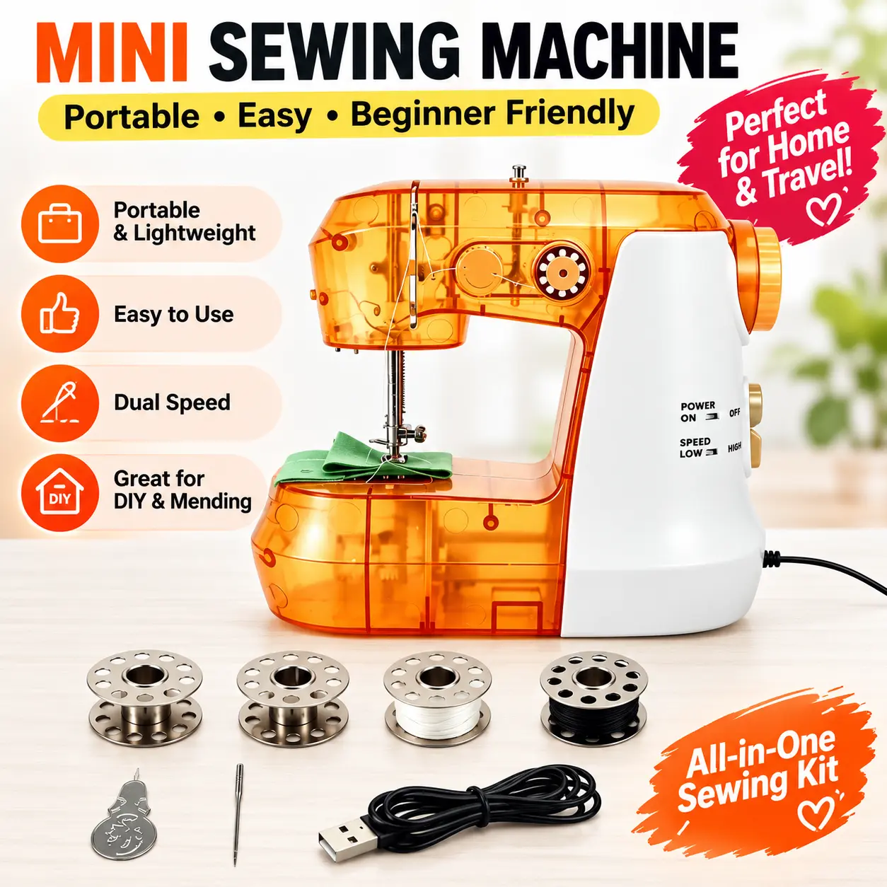 Mini Electric Sewing Machine, USB Powered Portable Sewing Machine for Beginners, Easy DIY Craft & Clothing Repair, Doll Clothes, Pet Clothes, Home Sewing Machine, No Battery Included（orange）