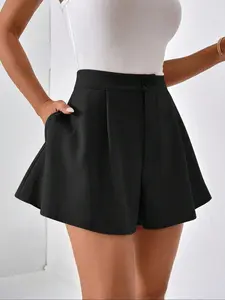 Women's Solid Color Pleated Detail High Rise Shorts, Elegant Fashion Casual Wide Leg Shorts for Daily Outdoor Wear, Women Bottoms for All Seasons