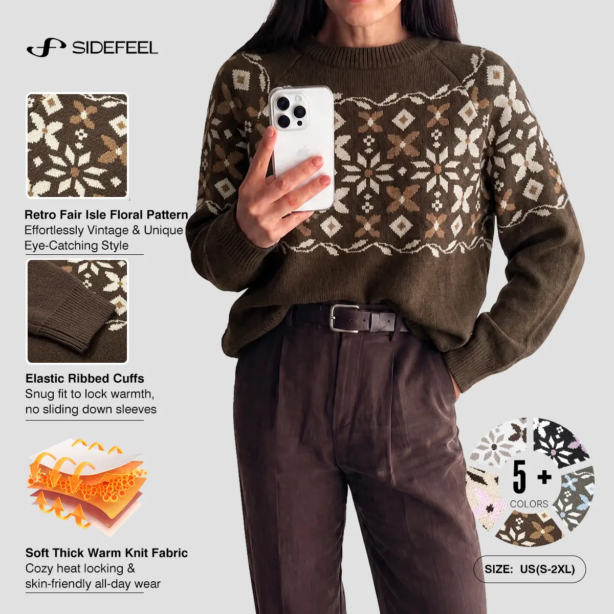 Sidefeel Women's Fair Isle Stretchy Knit Sweater Crew Neck Long Sleeve Fall And Winter Outfits Nordic Pullover