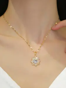 Women's Fashion Geometric Snowflake Pendant Necklace, Synthetic Zircon, Copper Inlay, Stainless Steel Chain, Holiday Jewelry Gift