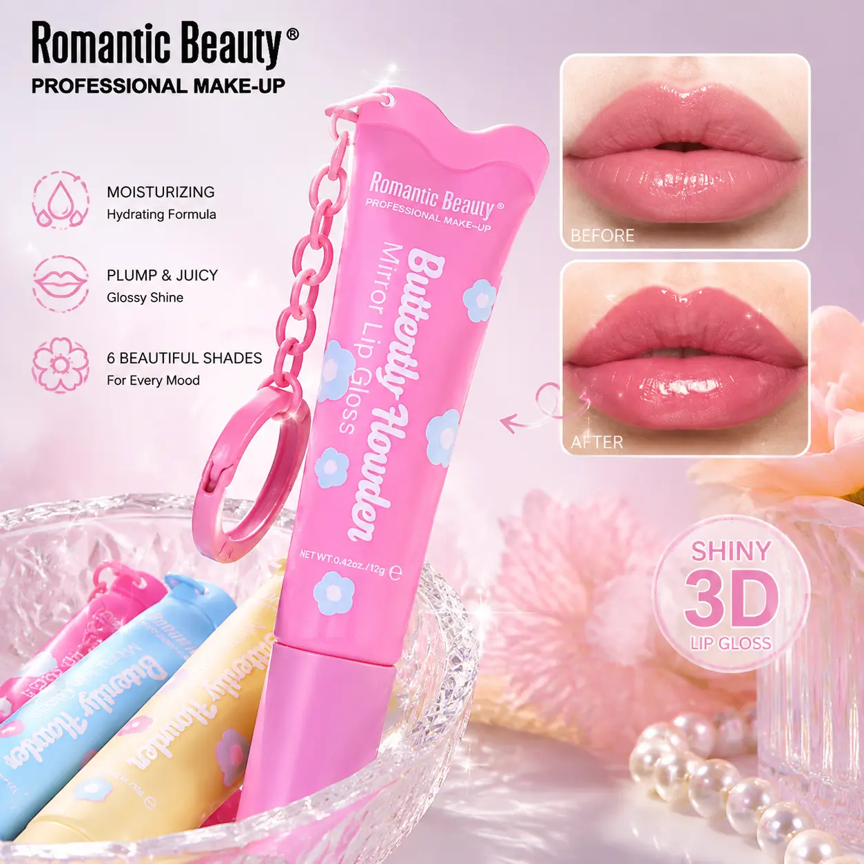 Romantic Beauty Mirror Lip Gloss, TikTok Viral 3D Glass Shine Lip Oil, Hydrating Plumping Lip Gloss with Juicy Glossy Finish, Non Sticky Long Lasting Lip Tint Makeup for Women