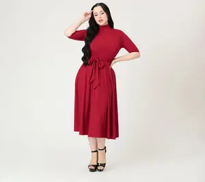 Unique Vintage Burgundy Turtleneck Midi Dress
