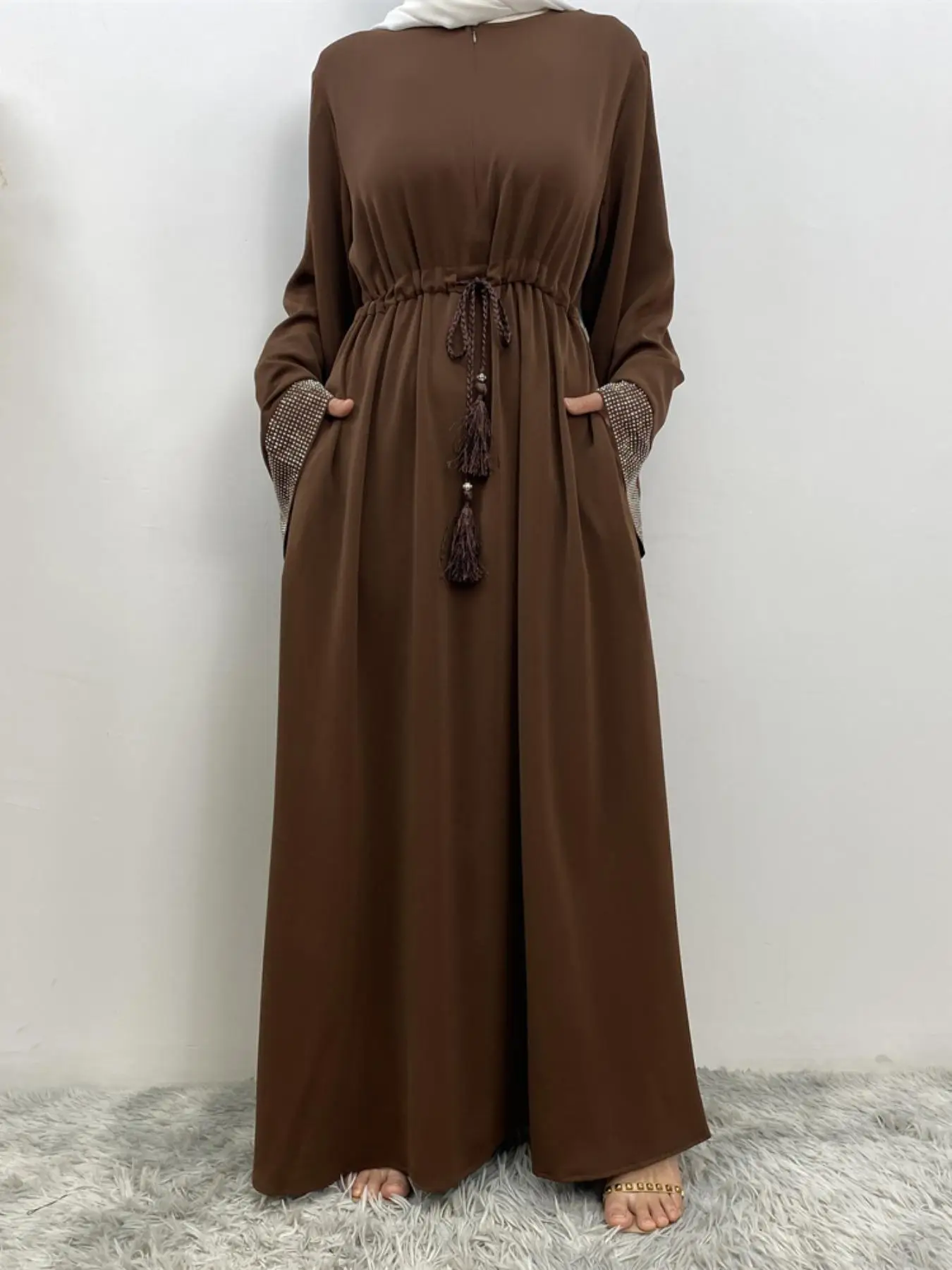 Solid Drawstring Tie Front Arabian Dress without Hijab, Modest Casual Rhinestones Long Sleeve Arabic Dress, Women's Fall & Winter Islamic Clothing