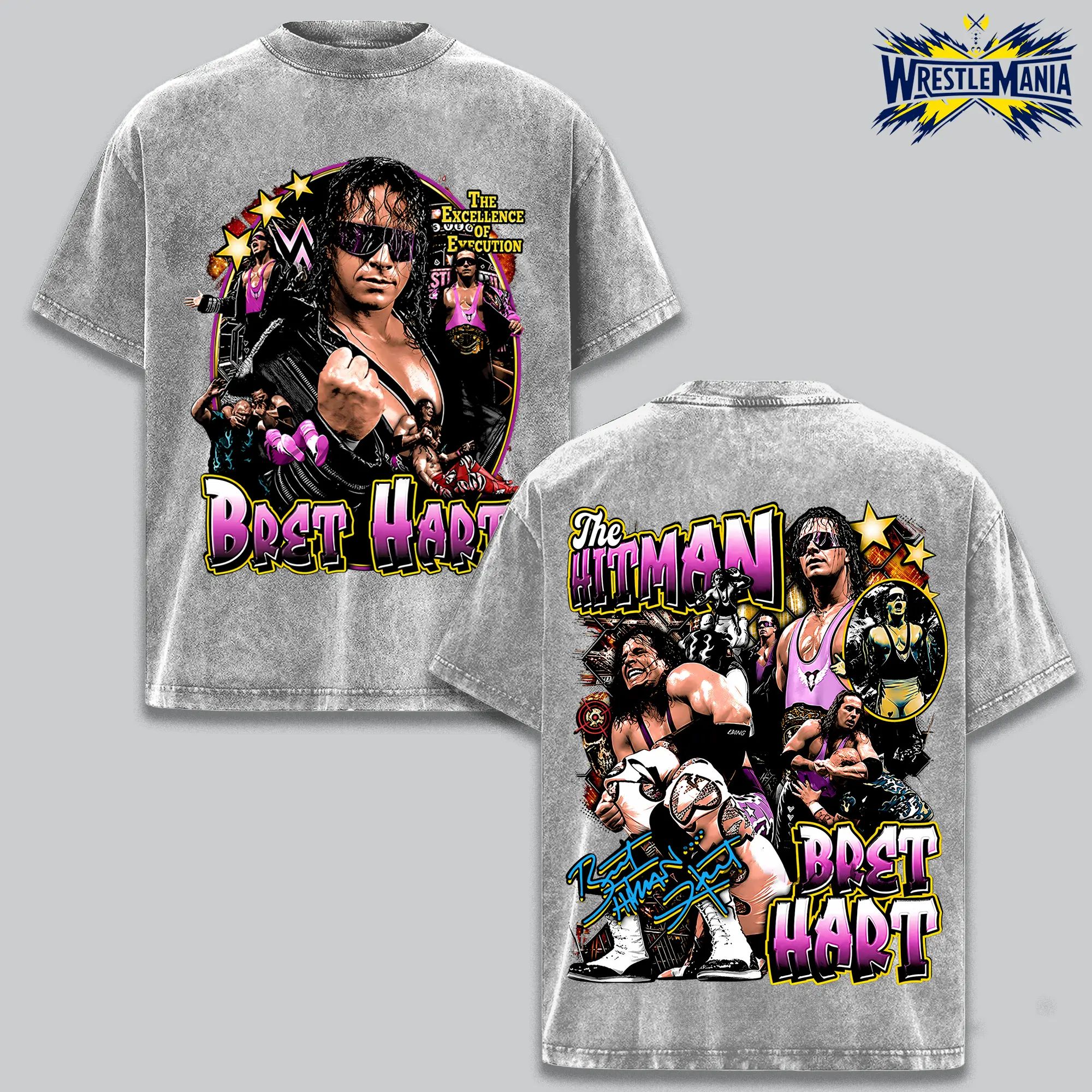 [WWE] Bret Hart The Hitman Vintage Wrestling Graphic T-Shirt, Retro 90s WWF Style Tee, Oversized Heavyweight Cotton Streetwear, Tribute Tee for Fans of Bret Hart, Gift for Wrestling Lovers and Streetwear Enthusiasts