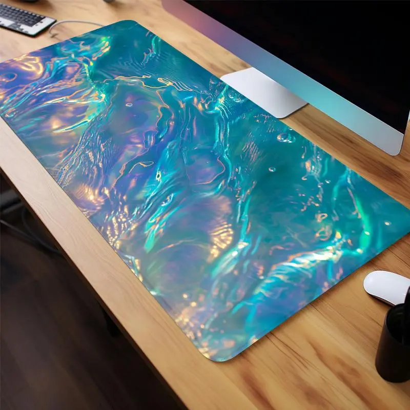 Holographic Iridescent Water Design Mouse Pad, 1 Count Rectangle Gaming Mouse Pad, Non-Slip Rubber Base Stitched Edge Desk Pad for Office Desk Accessories, Office Supplies, Computer Desk Accessories