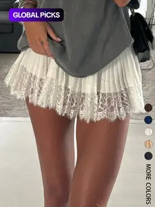 Y2k Lace Mini Skirt Women Low Rise Pleated Ruffle Tiered Half Slip Elastic Waist Flowy Mesh Sexy Short Underskirt Fit Casual Womenswear