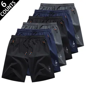Men's 6-Pack Quick-Dry Athletic Shorts, Elastic Waist with Drawstring, Zipper Pockets & Logo Print, Lightweight Breathable Men's Gym Shorts for Gym, Running, Casual Wear