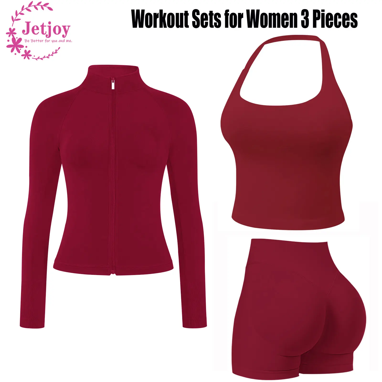 Jetjoy Women's 3-Piece Sporty Casual Seamless Athleisure Set - Halter Neck Sports Bra, High-Waisted Tummy Control Above-Knee Scrunch Butt Shorts, Ribbed Knit High Stretch Long-Sleeve Cropped Slim-Fit Shirt Jacket, All-Seasons Fitness Clothes, Activewear R