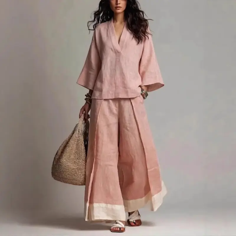 Women's 2026 Spring & Summer Linen 2-Piece Outfit Set - French V-Neck 3-Quarter Sleeve Shirt, Color Block Wide Leg Pants, Elegant Matching Womenswear Suit