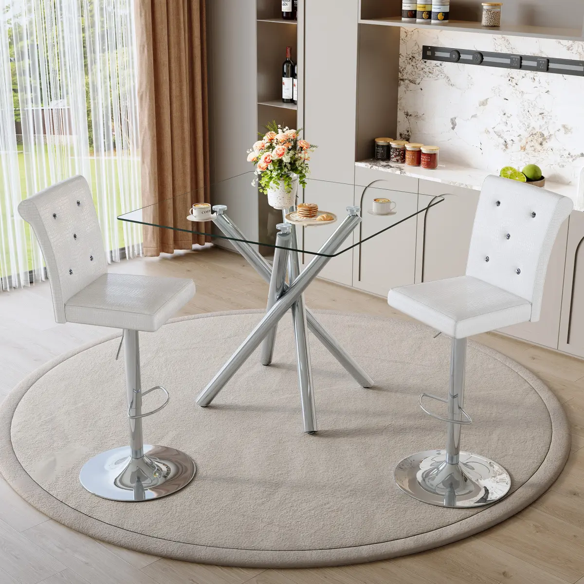 3 Pcs Modern Bar Table Set, Glass Bar Table and Adjustable Bar Stools Set of 2, Contemporary Counter Height Pub Table with Chrome Legs, White PU Leather Swivel Bar Chairs for Kitchen Island, Home Bar, Small Space