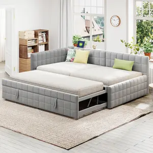 Full Daybed with Pop Up Trundle, Velvet Tufted Daybed with USB Ports, Upholstered Extendable Corner Day Bed Frame with L-Shaped Headboard for Teens Adults, Grey