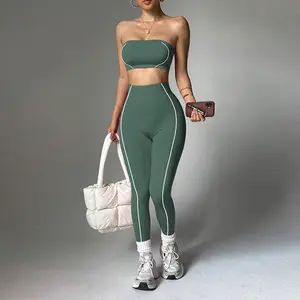 Women's 2-Piece Sleeveless Yoga Set - Color-Blocked Bustier Top, Blush Pink Butt-Lifting Slim-Fit Long Pants, Nylon Blend Fabric, Multi-Size Sportswear for Yoga, Running