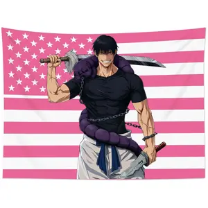 Toji Pink American Flag Action JJK Anime Tapestry - Muscular Dark Fantasy Swordsman Aesthetic - Otaku Bedroom Dorm Decor Wall Banner