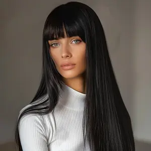 SMILCO/ 24inch Natural Black Straight Synthetic Wig with Bangs /SM257 High Temperature Resistant