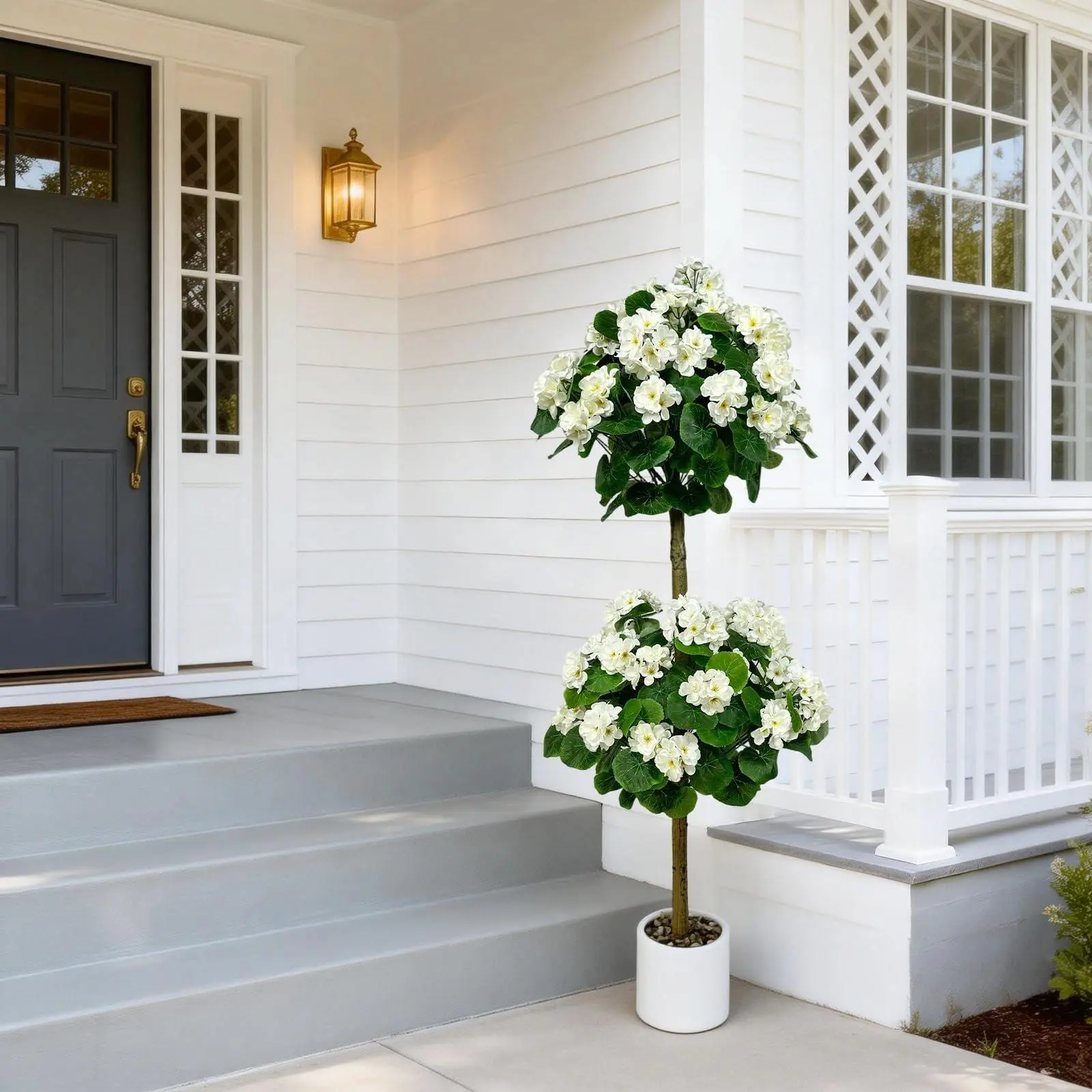 Artificial Geranium Tree, 120cm Tall Faux Plant with Dual-Ball Design in Decorative Pot, Realistic Silk Flowers, UV Resistant, Low Maintenance, for Home, Office, Garden, Wedding Décor, White