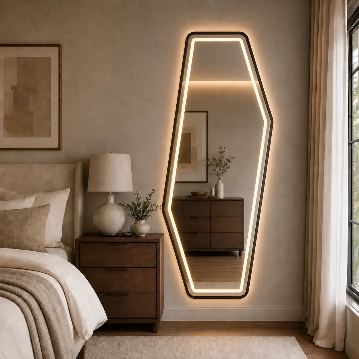65" x 25" Irregular Full Length LED Wall Mirror, Modern Asymmetrical Tempered Glass Dressing Mirror with 3 Color Temperature Lights, Dimmable Touch Control for Bedroom Closet Entryway