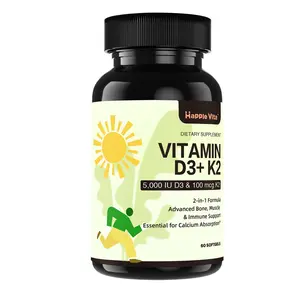HappieVita Vitamin D3 K2, Vitamin D3 5000 IU (125 mcg) + Vitamin K2 100 mcg, 2 in 1 D3 and K2‬ ‭ Supplements for Bone, Teeth, Muscle and Immune Health Support, 60 Softgels‬ ‭