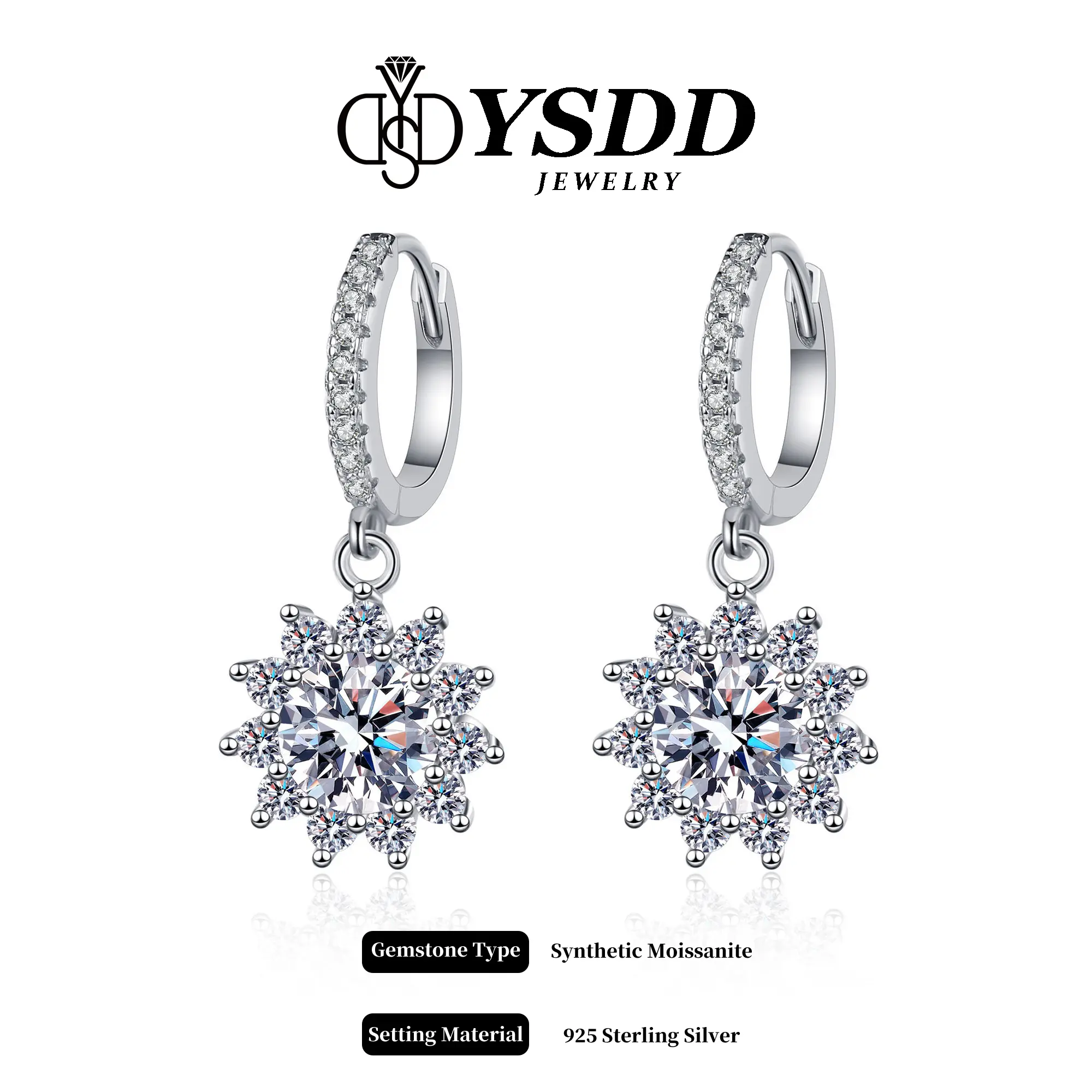 【11.15 You are my Sunshine】Brilliant Clister Sunflower Dangling Earring 1ct/2ct Total vvs Synthetic Moissanite Earrings in 925 Sterling Silver