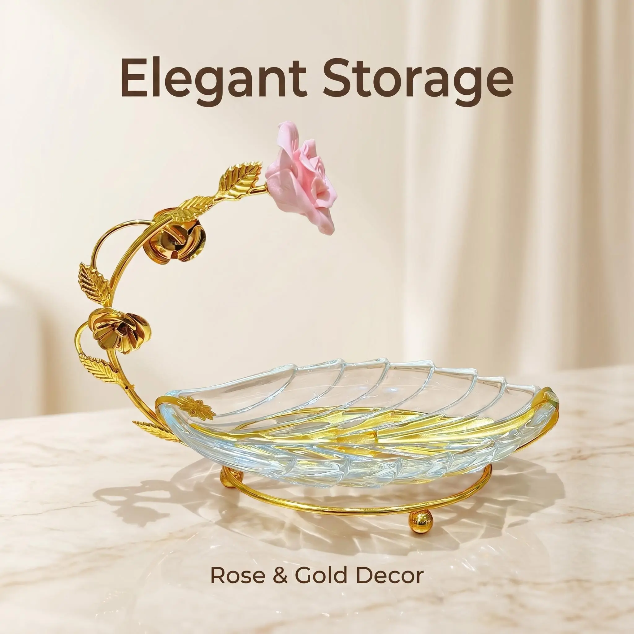 Gold glass tray, handmade 3D rose-adorned glass storage tray with pink accents, vanity jewelry tray, candy tray for living room/dining room/wedding, with metal stand, jewelry organizer box—a wonderful gift