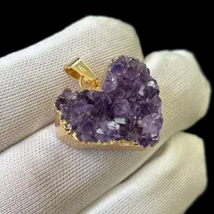Natural Amethyst Cluster Heart Shape Pendant, Free Necklace