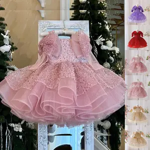 3-8Y Pink Sequins Champagne Big Bow 6080 Kids Clothes Flower Girls Frock Ball Gown Pageant Children Elegant Princess Prom Host Formal Evening Party Banquet Cocktail Dress