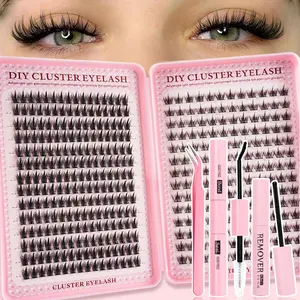 Natural Eyelash Extension Kit with Bond & Seal, DIY Cluster Lashes, D-Curl 8-16mm Mixed Length, Non-Toxic Liquid Form, Perfect for Beginners