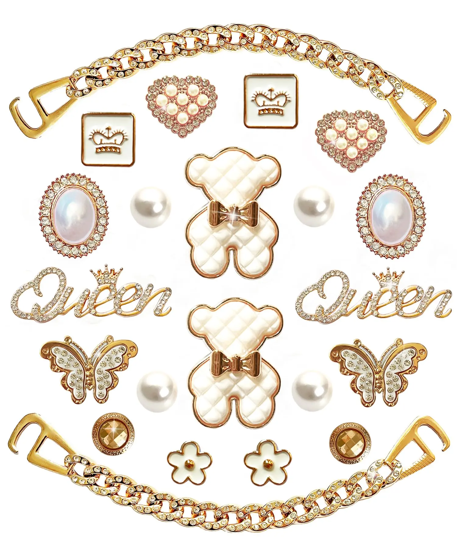 Women's Bling Clog Shoe Charm Set - Golden Chain Rhinestone Shoe Decorations, DIY Girly Designer Jewels for Thanksgiving, Valentine's Day Party Favors, Clog Shoe Decorations