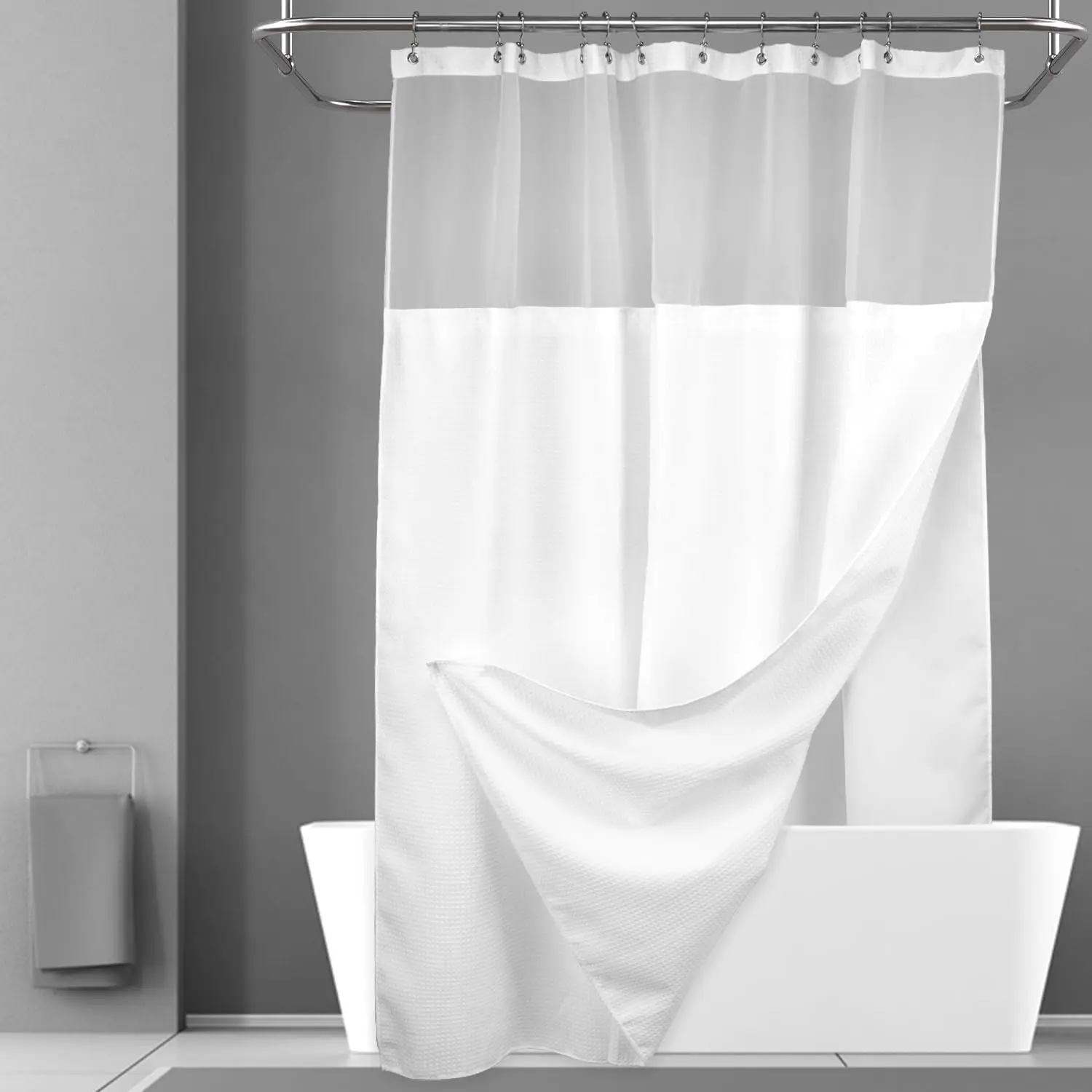 Modern White Hotel-Style Recycled Polyester Blends Waffle Weave Shower Curtain Set (71w x 72l, Pack of 1) with Snap-in Fabric Liner, 12 White Hooks, Waterproof, Washable, Heavyweight Fabric, Mesh Top Window
