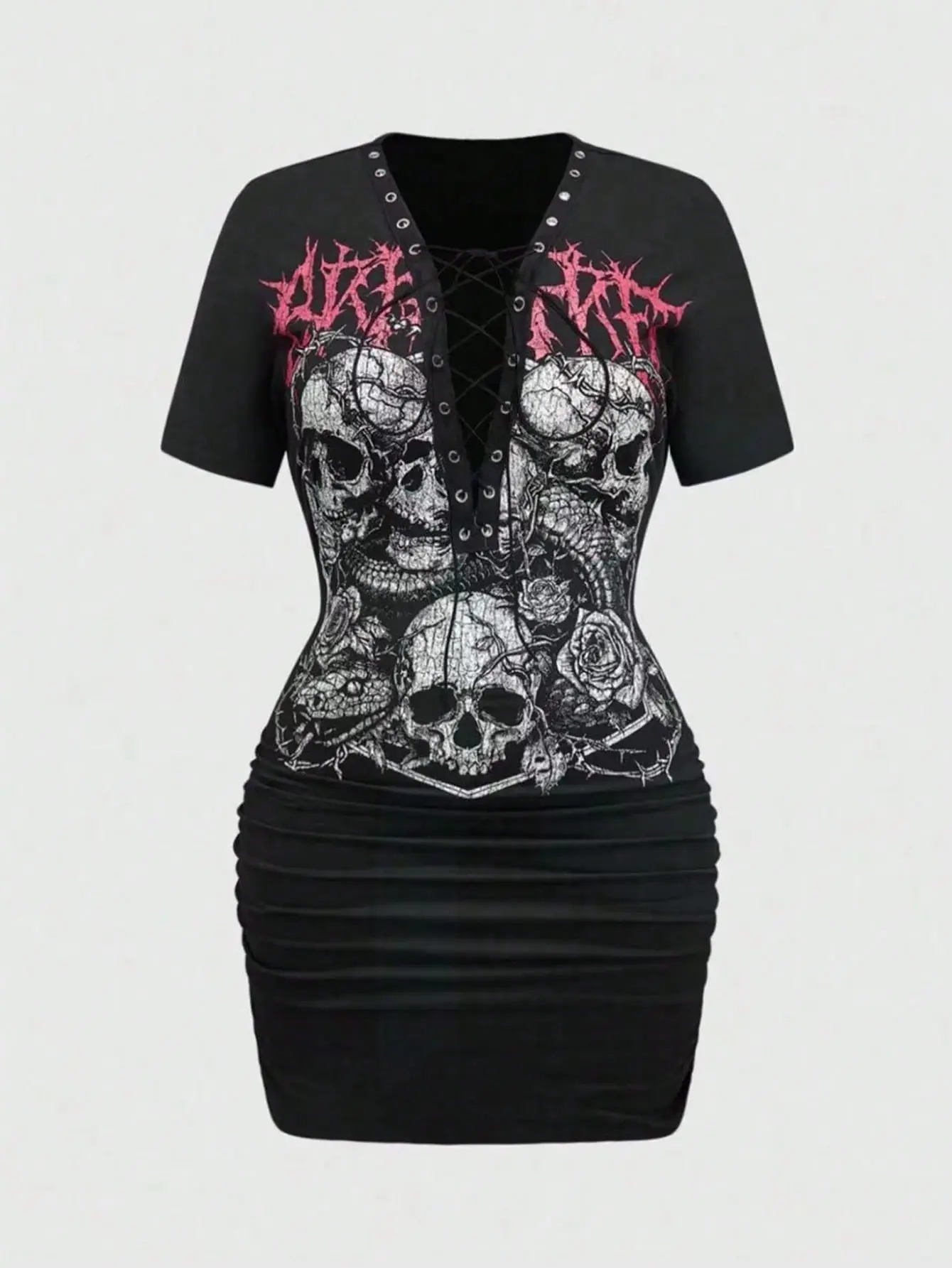 LALUZ Grunge Punk Women's Streetwear Gothic Skull & Floral Print Ruched Tie Front Deep V-Neck Bodycon Mini Dress